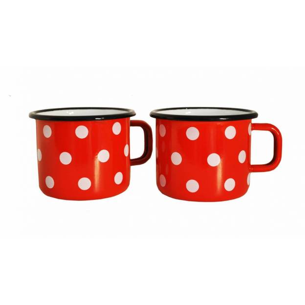 2 enamelled-metal mugs - Red with dots - 500 ml