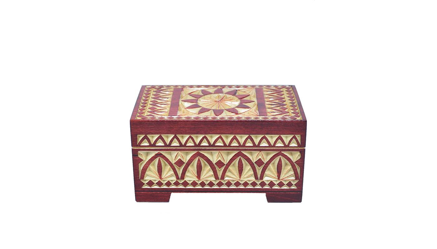 Boîte en bois décorée - 120x70x55 mm - Rouge Bordeaux