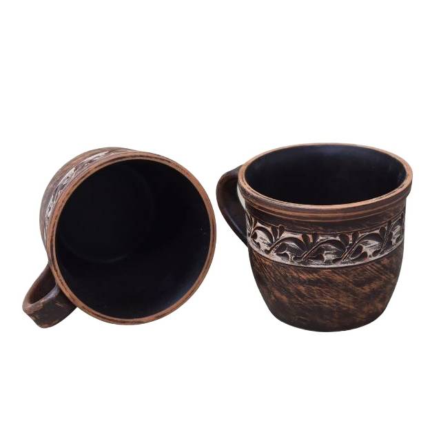 Set of 2 terracotta mugs - Engobe decor - 400 ml