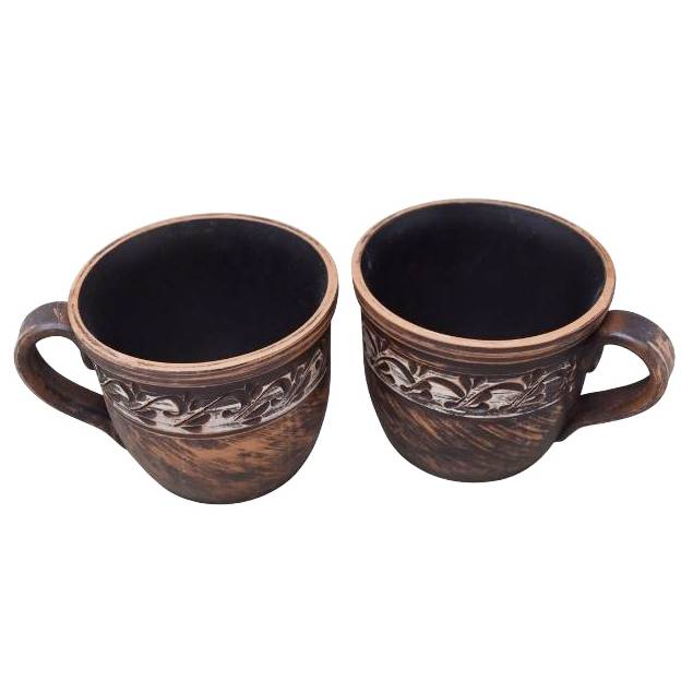 Set of 2 terracotta mugs - Engobe decor - 400 ml