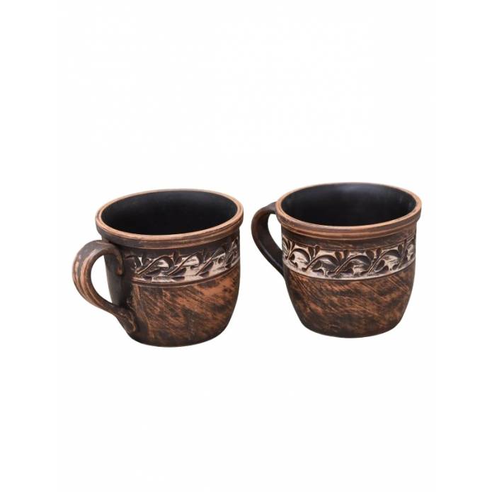 Set of 2 terracotta mugs - Engobe decor - 400 ml