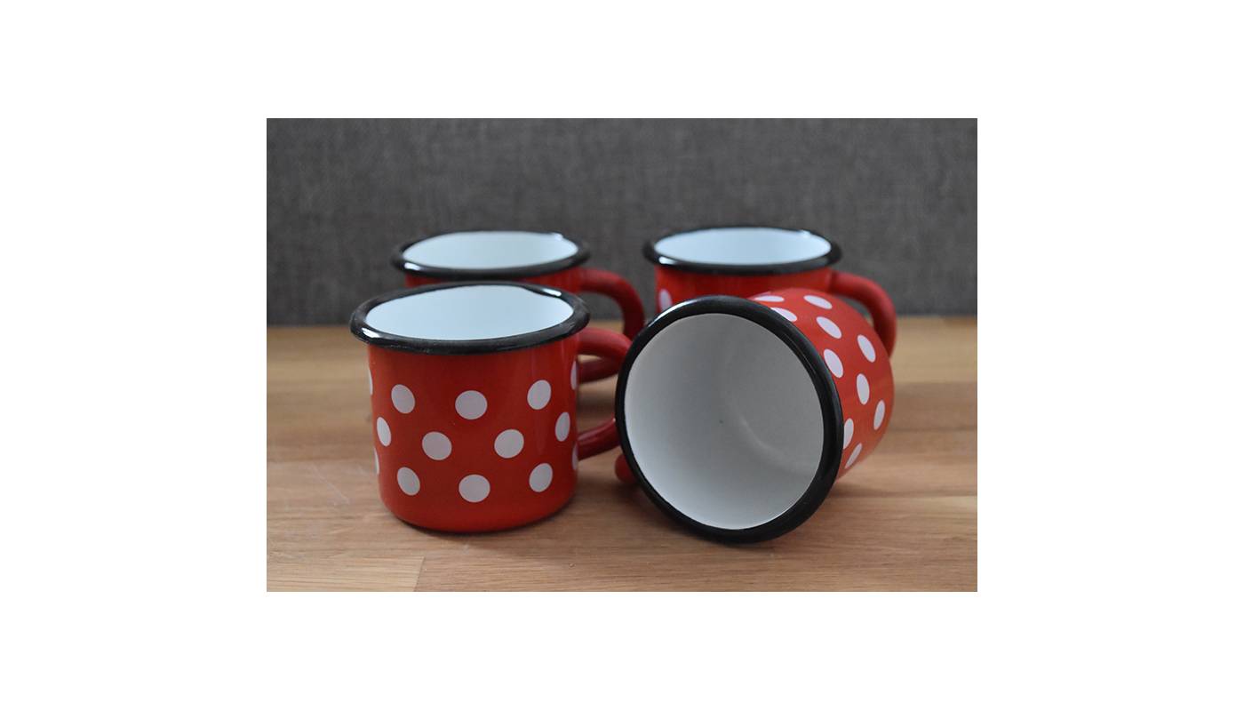 4 metallic mugs - Ceramic-like - Red with dots - 250 ml