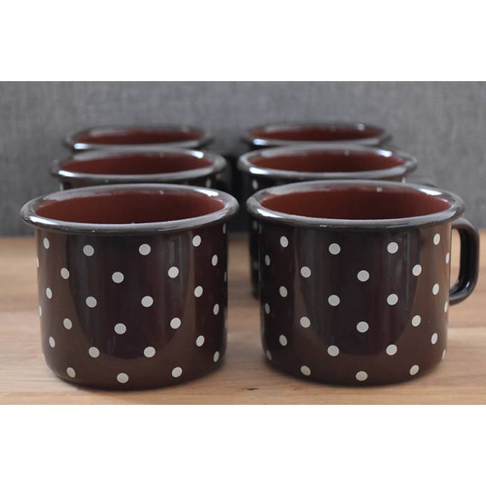 6 enamelled metal mugs - 500 ml - Chocolat with dots