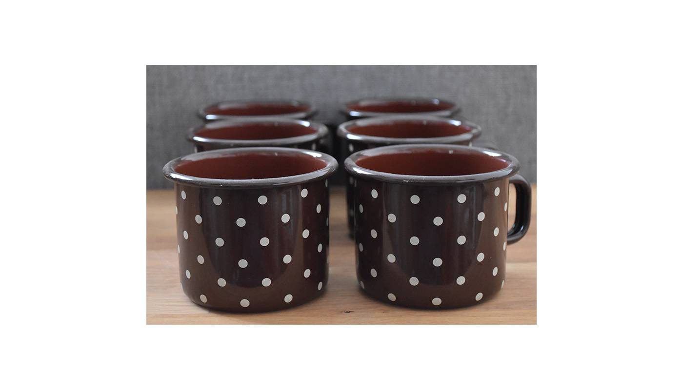 6 enamelled metal mugs - 500 ml - Chocolat with dots