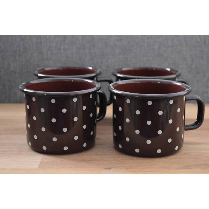 4 enamelled metal mugs - 500 ml - Chocolat with dots