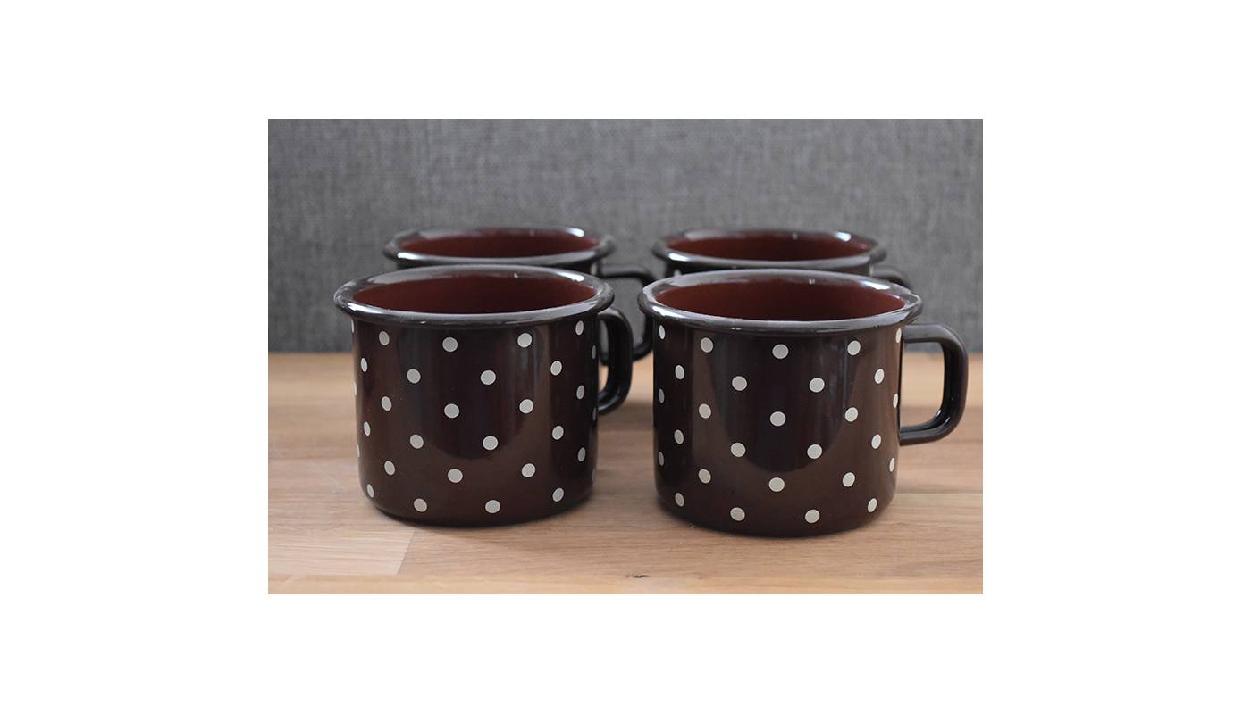 4 enamelled metal mugs - 500 ml - Chocolat with dots