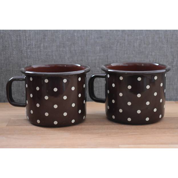 2 enamelled metal mugs - 500 ml - Chocolat with dots
