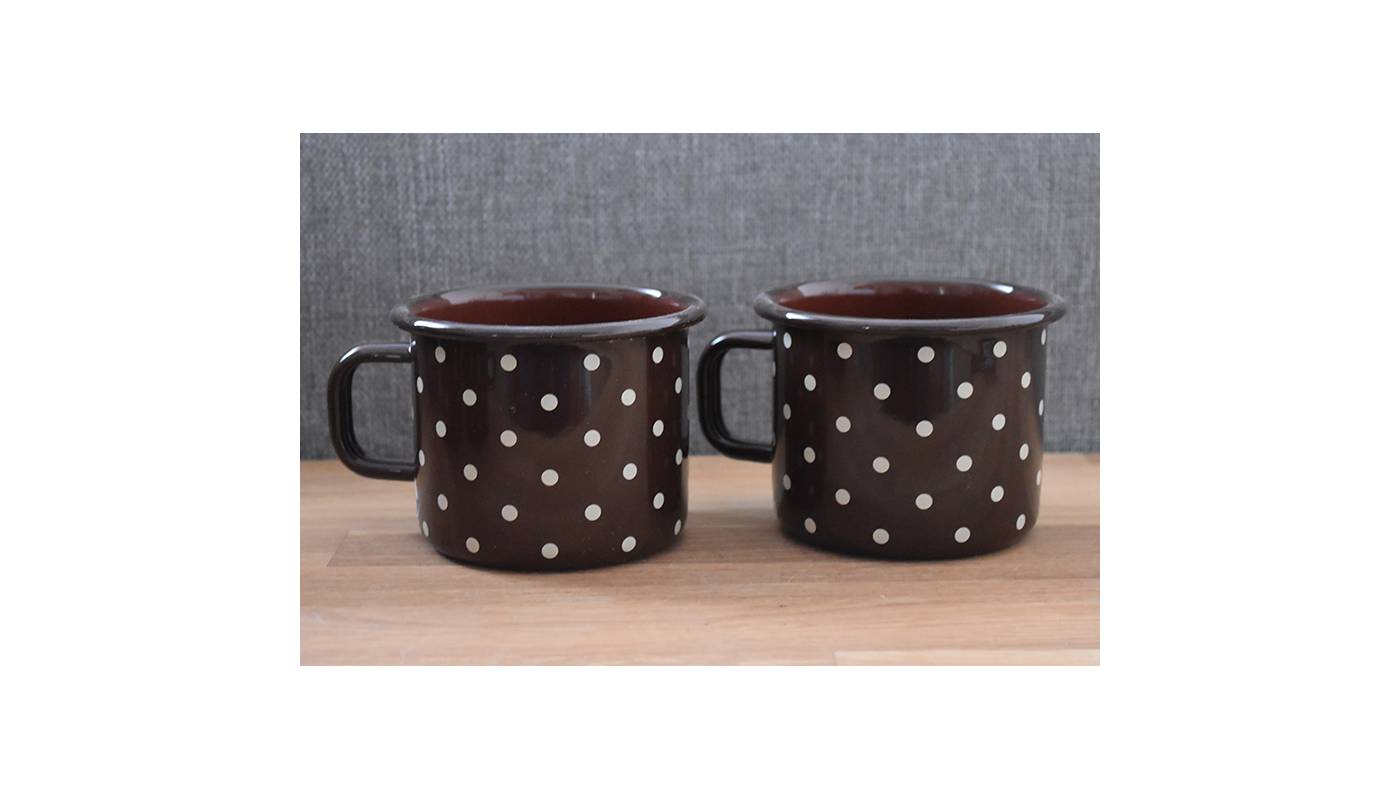 2 enamelled metal mugs - 500 ml - Chocolat with dots