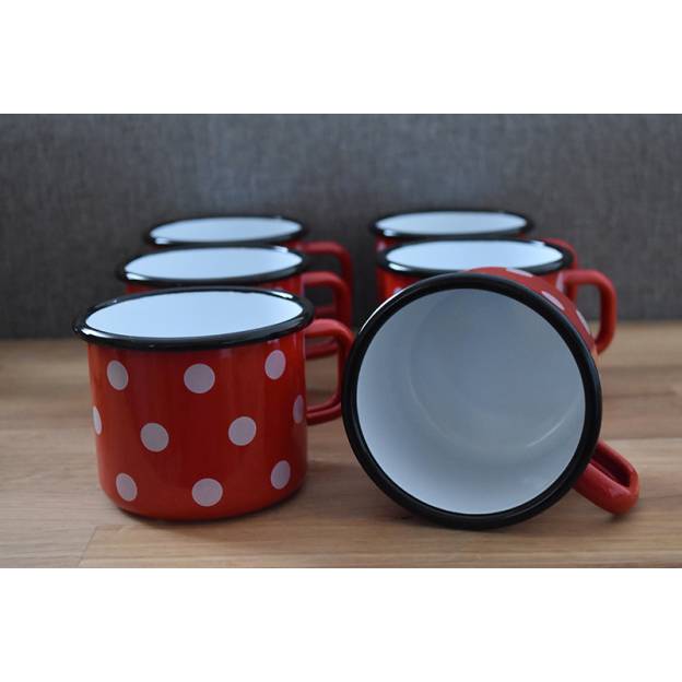 6 enamelled-metal mugs - Red with dots - 500 ml