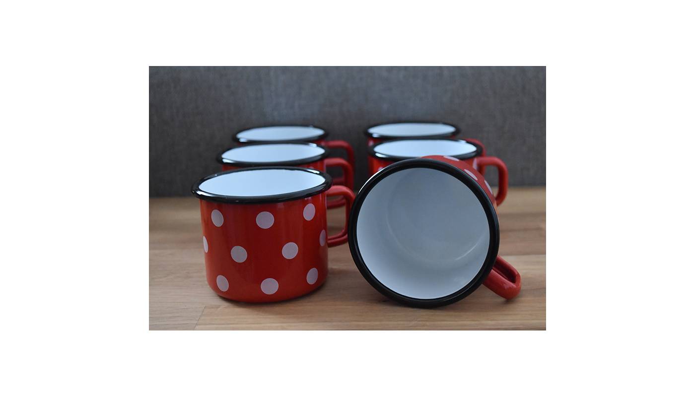 6 enamelled-metal mugs - Red with dots - 500 ml