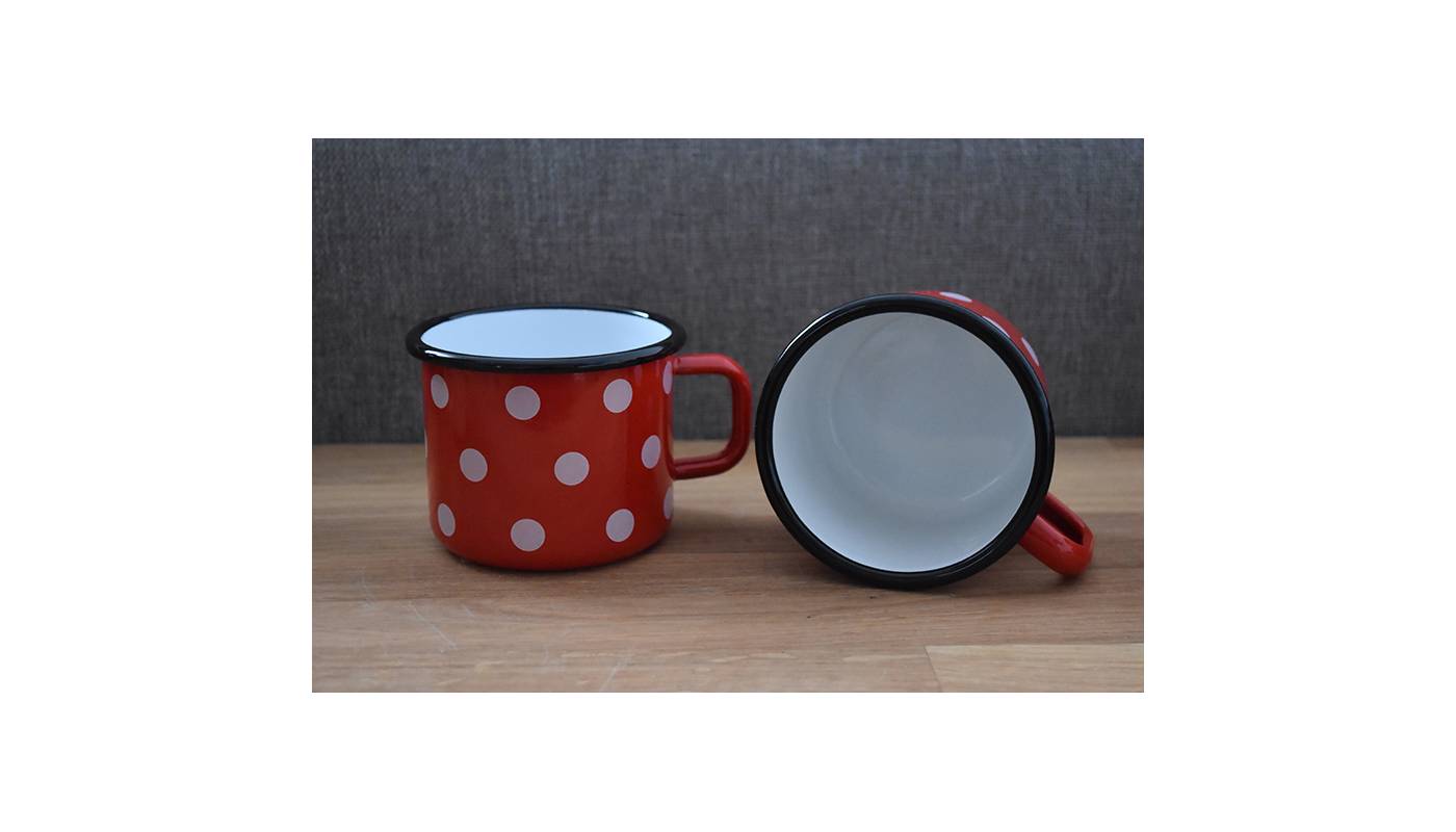 2 enamelled-metal mugs - Red with dots - 500 ml