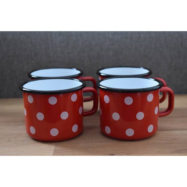 4 enamelled-metal mugs - Red with dots - 500 ml