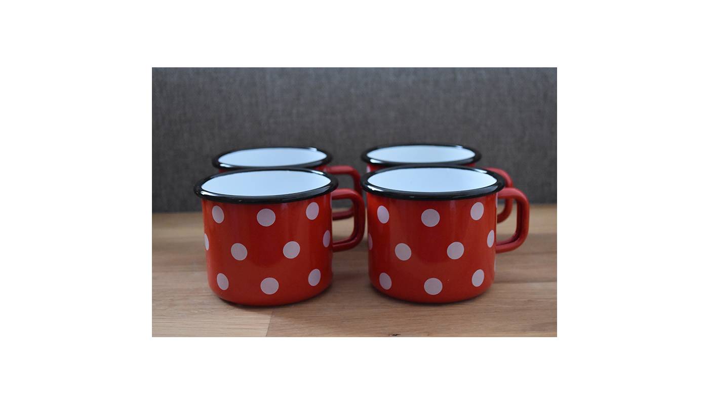 4 enamelled-metal mugs - Red with dots - 500 ml
