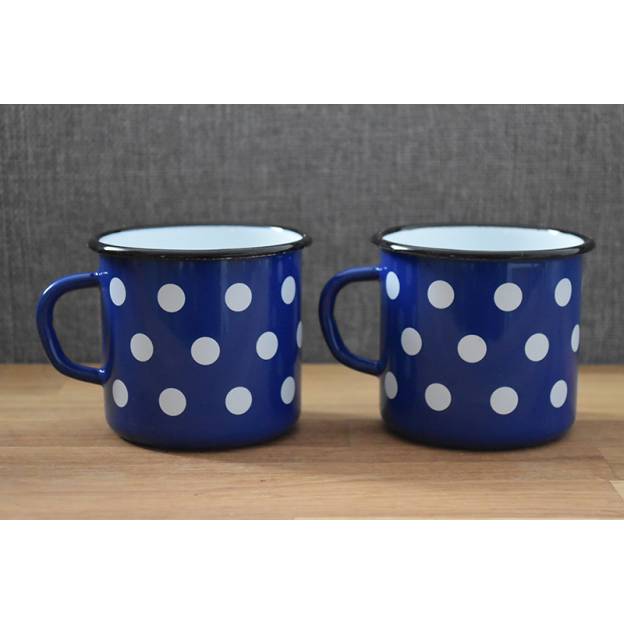 2 Metallic mugs - Ceramic-like - Blue with dots - 400 ml