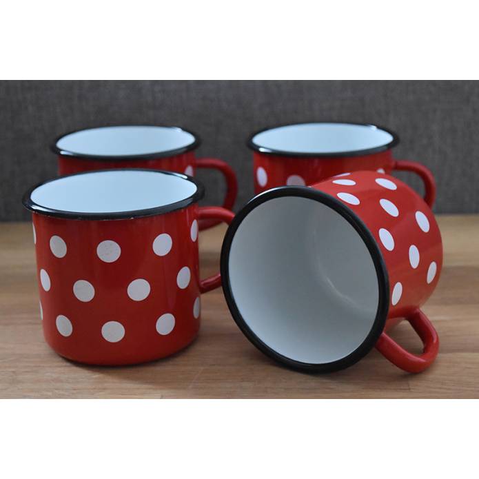 Mug Rouge à Pois - Métal émaillé - 400 ml - Lot de 4