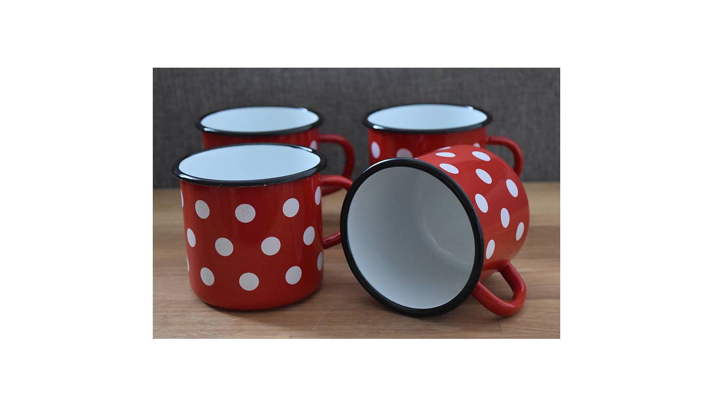 Set of 4 Metallic mugs - Ceramic-like - Red with white dots - 400 ml