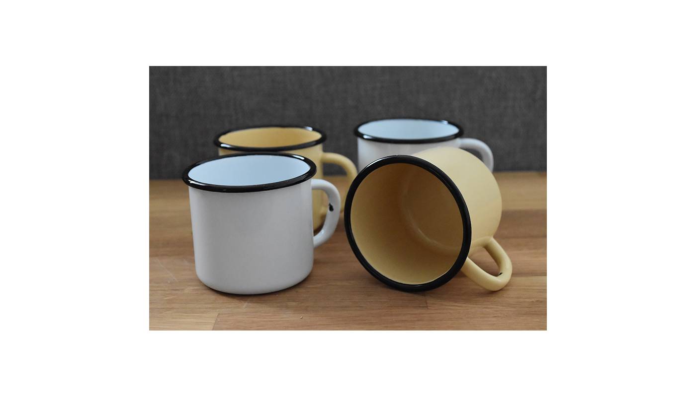 Mug Blanc et Jaune - Métal émaillé - 400 ml - 2 bancs / 2 jaunes