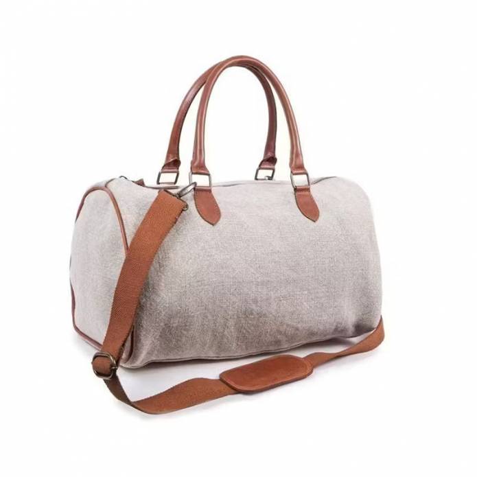 Travel Bag in Linen with Leather Handles - Gray