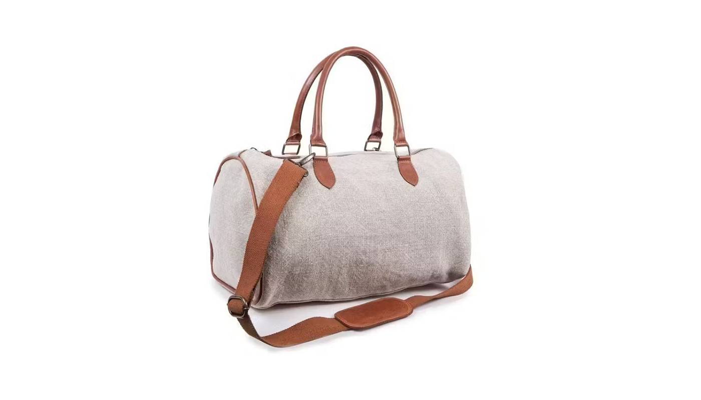 Travel Bag in Linen with Leather Handles - Gray