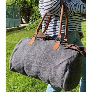 Travel Bag in Linen with Leather Handles - Gray