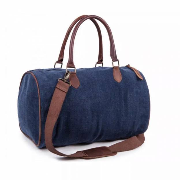 Sac de voyage en lin, lanières cuir - Bleu foncé