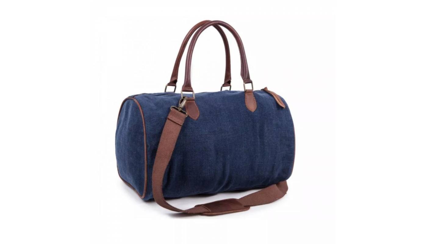 Sac de voyage en lin, lanières cuir - Bleu foncé