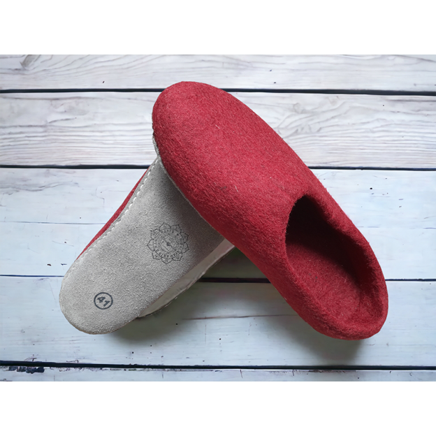 Chaussons en feutre naturel - Rouge - Semelle cuir