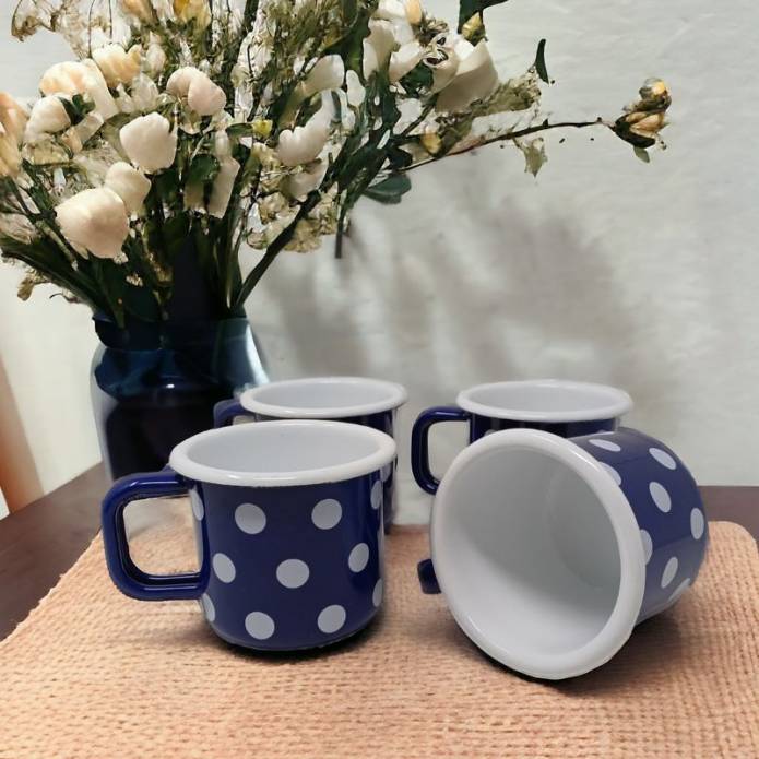 Enamelled metal mugs - Blue with white dots - 250 ml - Set of 4