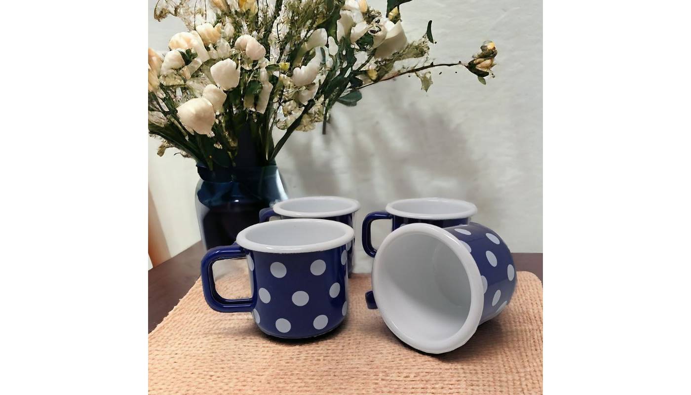 Lot de 4 mugs en métal émaillé - Bleu à pois blanc - 250 ml