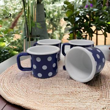 Lot de 4 mugs en métal émaillé - Bleu à pois blanc - 250 ml