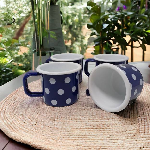 Enamelled metal mugs - Blue with white dots - 250 ml - Set of 4