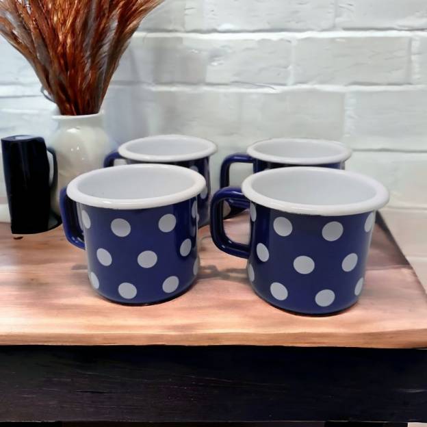 Lot de 4 mugs en métal émaillé - Bleu à pois blanc - 250 ml