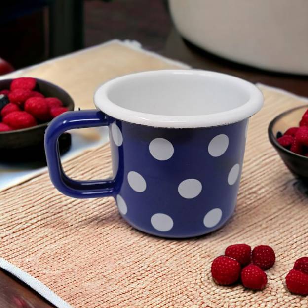 Enamelled metal mugs - Blue with white dots - 250 ml - Set of 4