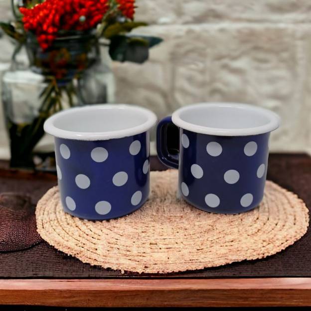 Enamelled metal mugs - Blue with white dots - 250 ml - Set of 4