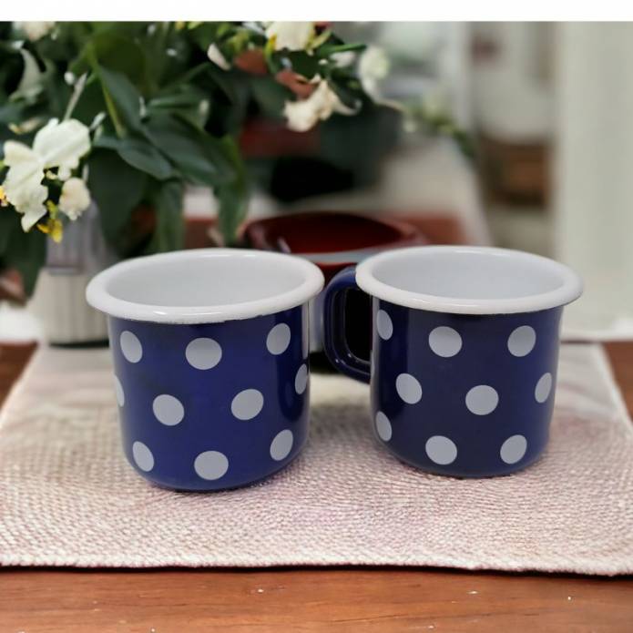 Lot de 2 mugs en métal émaillé - Bleu à pois blanc - 250 ml