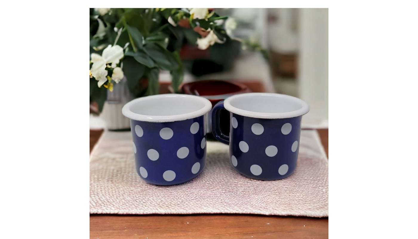 copy of Enamelled metal mugs - Blue with white dots - 250 ml - Set of 2