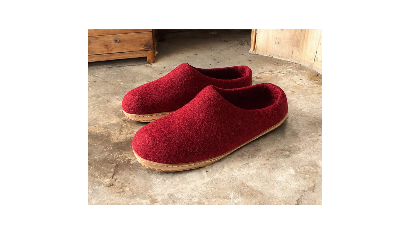Chaussons en feutre naturel - Rouge - Semelle PU