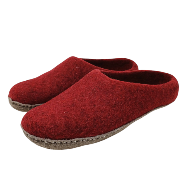 Chaussons en feutre naturel - Rouge - Semelle cuir