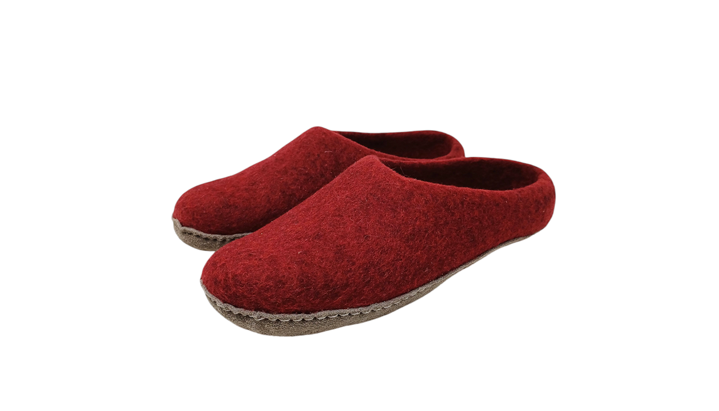 Chaussons en feutre naturel - Rouge - Semelle cuir