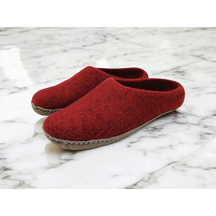 Felt Slippers - Leather sole - Red Felt Slippers - Leather sole - Red