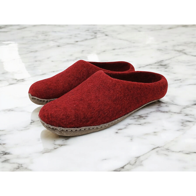 Chaussons en feutre naturel - Rouge - Semelle cuir