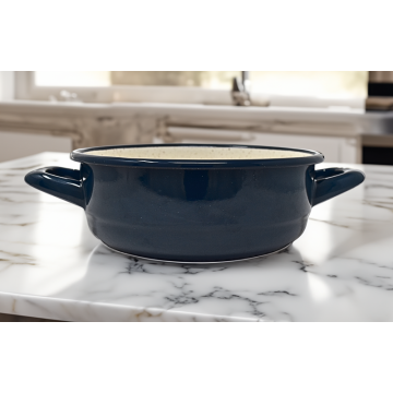 Plat en métal émaillé avec anses - bleu foncé - Diam. 16 cm