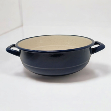 Plat en métal émaillé avec anses - Bleu foncé - Diam. 24 cm