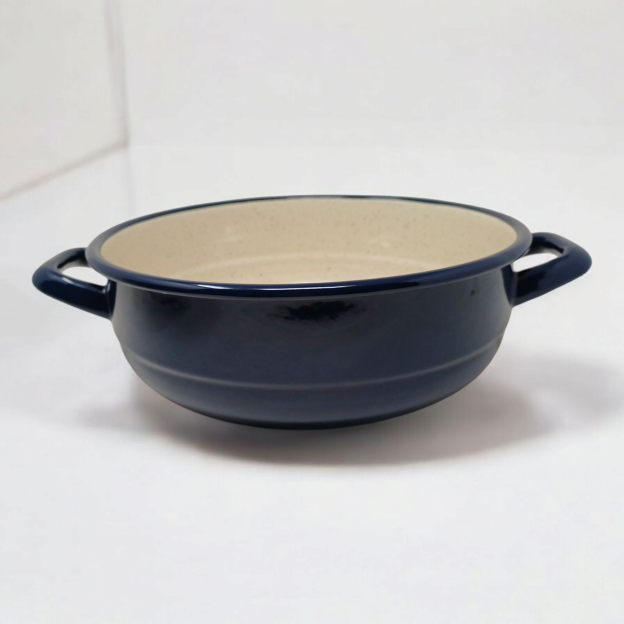 Plat en métal émaillé avec anses - Bleu foncé - Diam. 24 cm