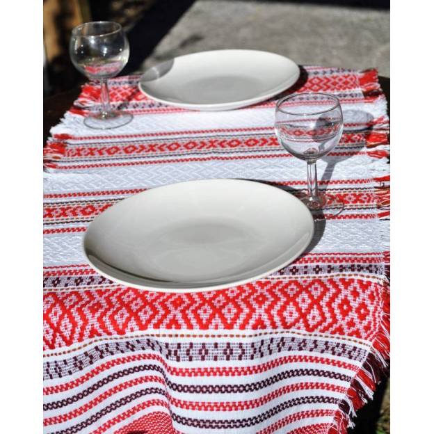 Hand-woven cotton table runner- Red and white