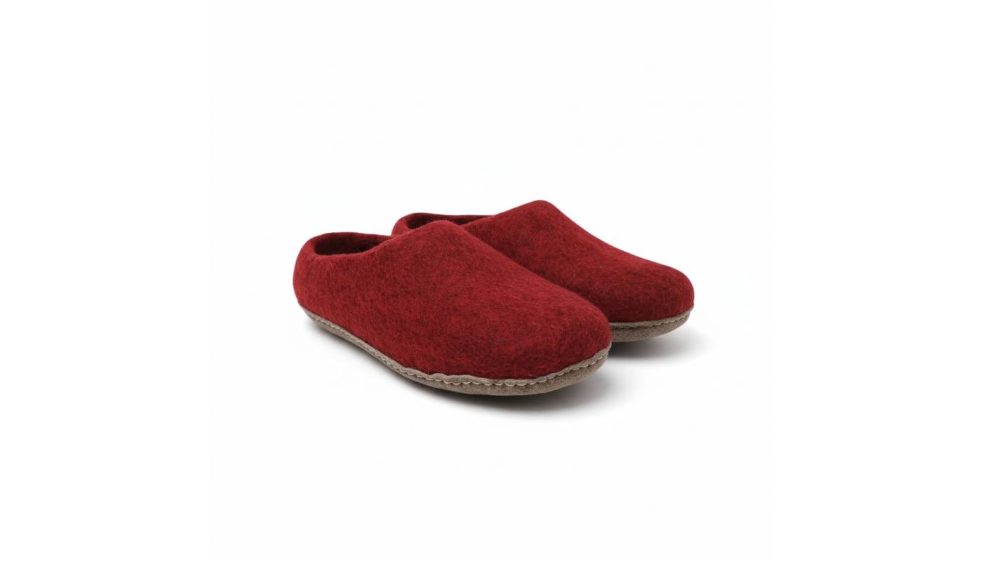 Natural Felted Wool Slippers - Adult - Red
