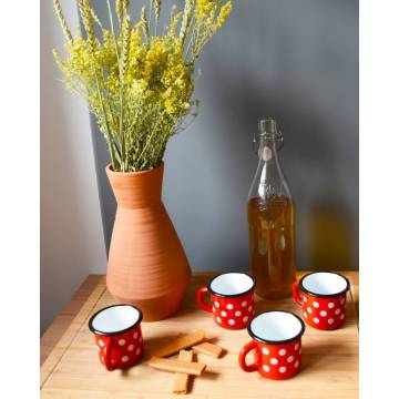 4 metallic mugs - Ceramic-like - Red with dots - 250 ml